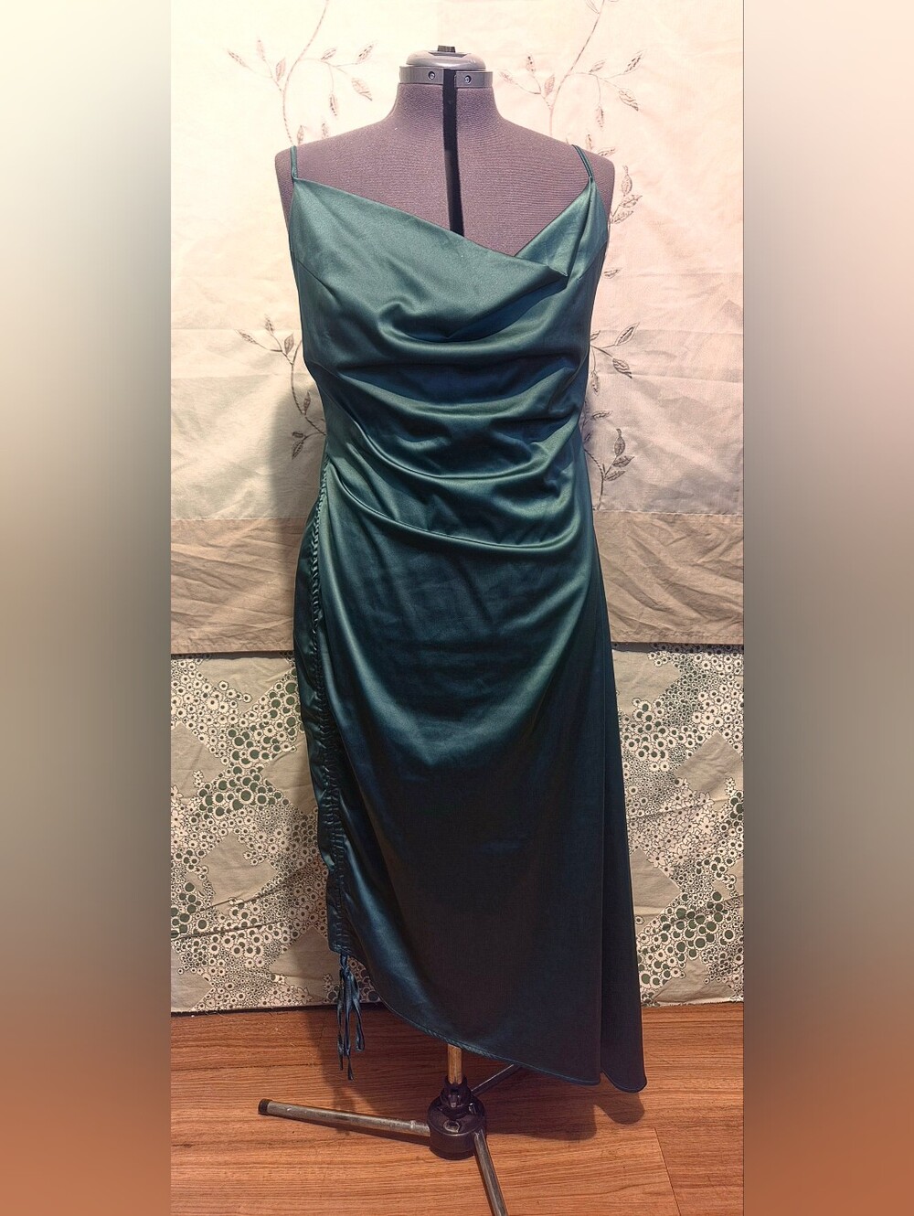 Slinky/Sexy Emerald Satin Cowl Neck Evening Dress W Asymmetrical Hemline